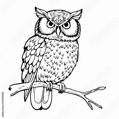 Detailed great horned owl vector illustration perched on a bare branch graphic art
