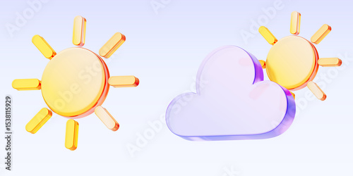 3d weather meteo icons, sun shining, holographic glass morphism cloud. Clear sunny day and cloudy with clearing. Climate forecast elements for app or web design, isolated render set. 3D illustration