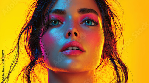Portrait of woman with neon lighting and wet hair