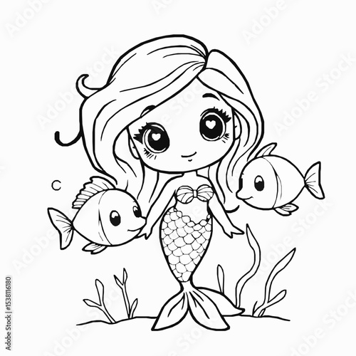 Cute mermaid with big eyes and fish coloring page for kids and relaxation
