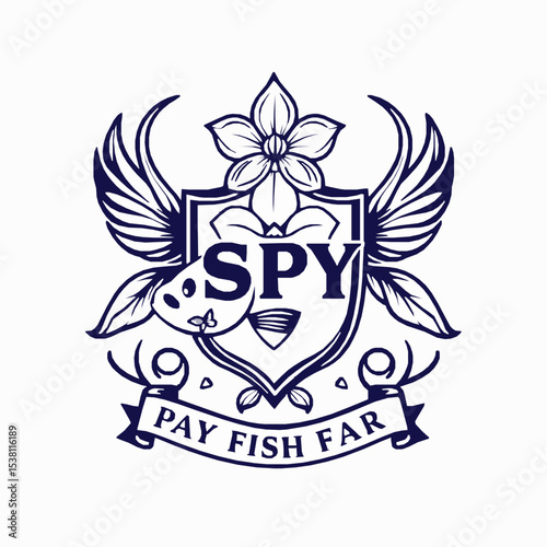 Stylish navy emblem featuring text spy pay fish far and floral design elements