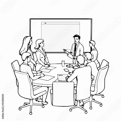 Outline illustration of business presentation in conference room with boardroom table and business people