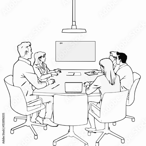 Business meeting with team collaboration on strategy around a conference table with a presentation