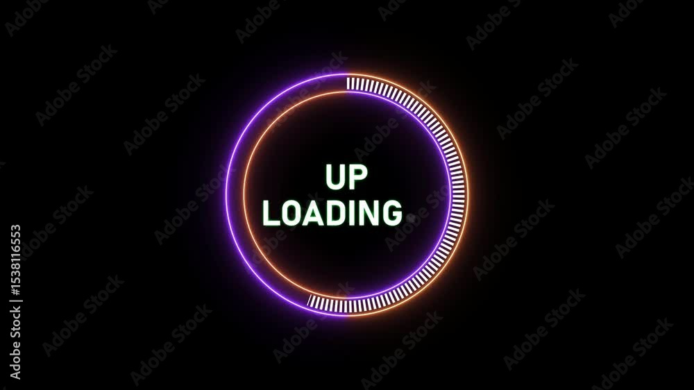  Text of up loading video of neon circle and electricity with  loading Transfer. 