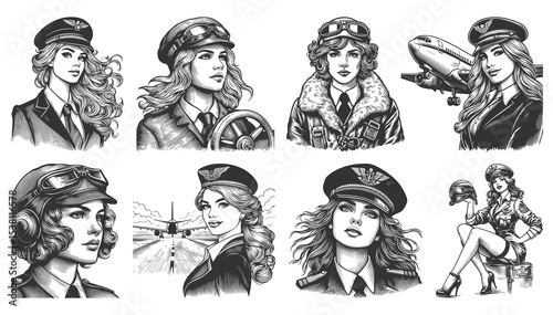 portraits of female pilots in uniforms and goggles Set collection bundle sketch engraving generative ai vector illustration. Scratch board imitation. Black and white image.