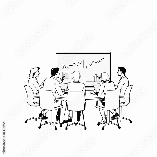 Monochrome business meeting with financial chart presentation and team discussion around a round table
