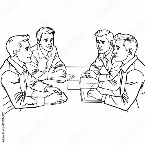 Line art illustration of businessmen in meeting discussing plans at table