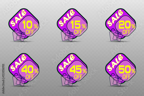 Discount price tag, price and percentage sticker.