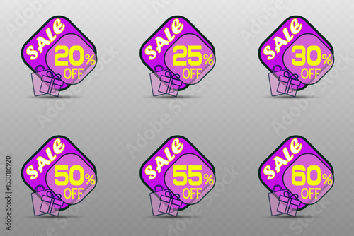 Discount price tag, price and percentage sticker.