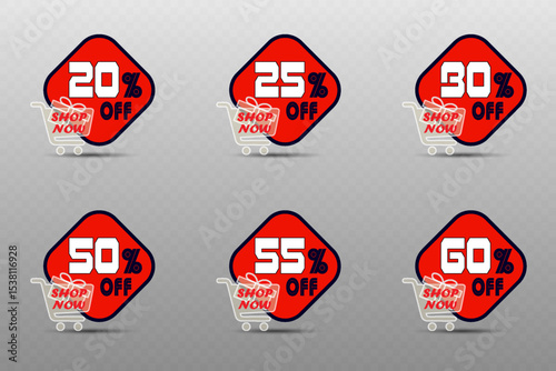 Discount price tag, price and percentage sticker.