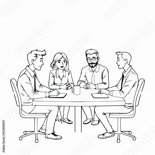 Outline illustration of business meeting with diverse team around table discussing strategy