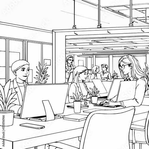 Line art illustration of professionals working in modern open office environment with desks and plants
