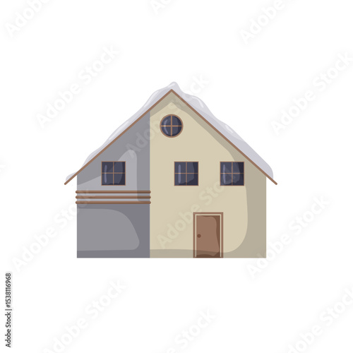 Modern two-story house with sloped roof and snow-covered features during winter