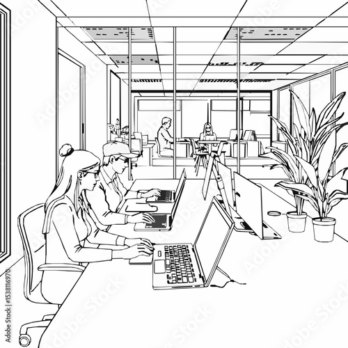 Monochrome illustration of open office space with workers at desks using laptops