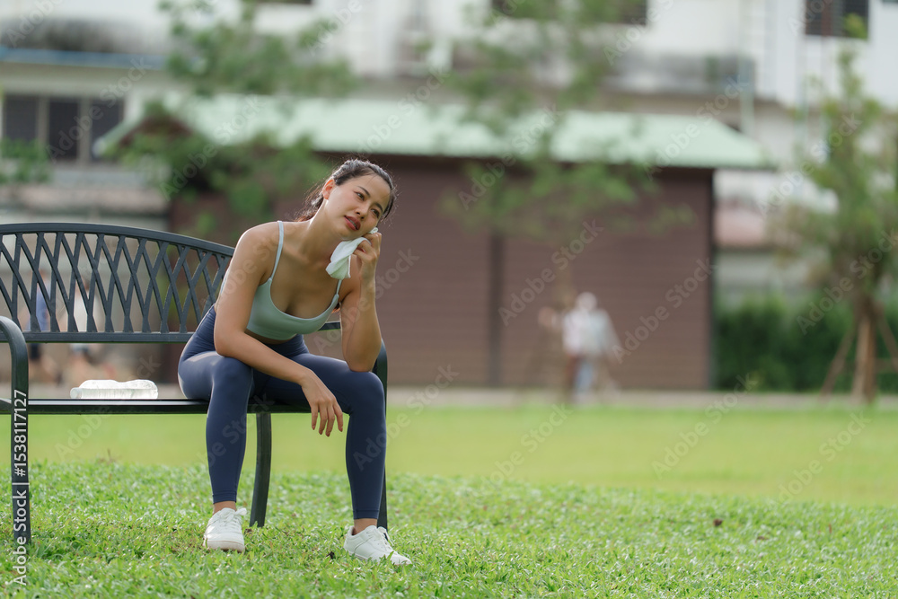 Fototapeta premium Young woman taking a break after exercising outdoors
