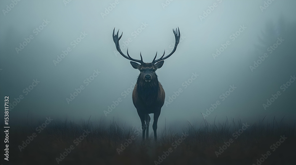 Naklejka premium Majestic stag in a misty landscape.
