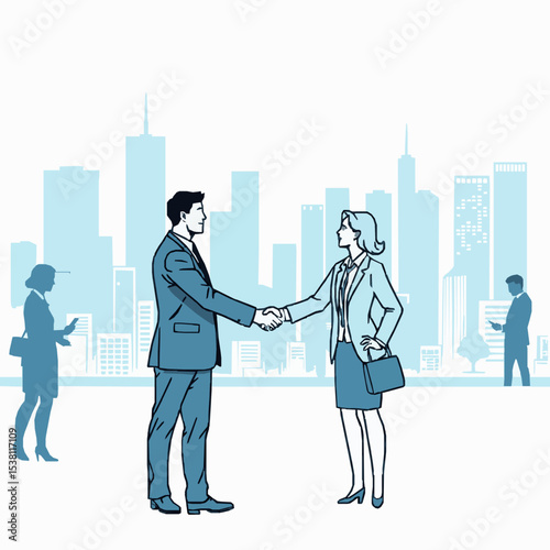 Business deal handshake agreement with cityscape background illustration for corporate partnership and success