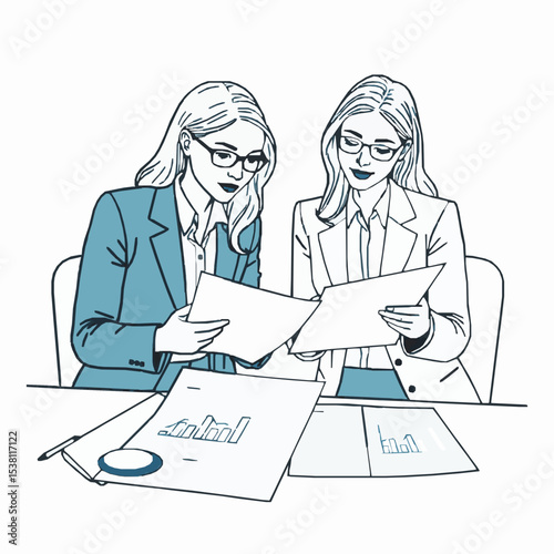 Two businesswomen reviewing reports and analyzing data together in a meeting illustration