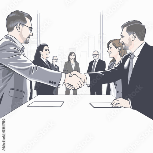 Business professionals shaking hands meeting room agreement colleagues corporate success negotiations cooperation deal