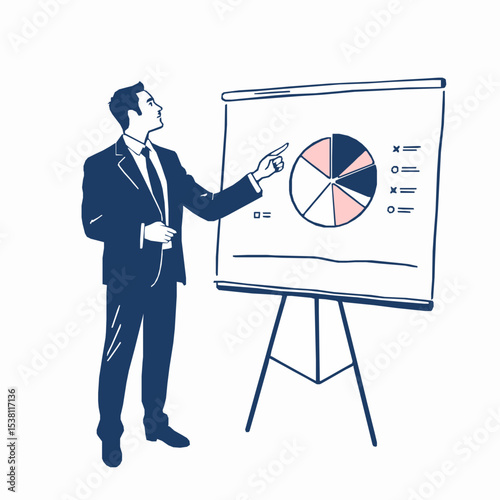 Businessman presenting pie chart on flip chart for presentation and analytics
