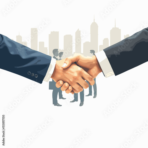 Business handshake agreement with city skyline and silhouetted figures partnership and collaboration illustration