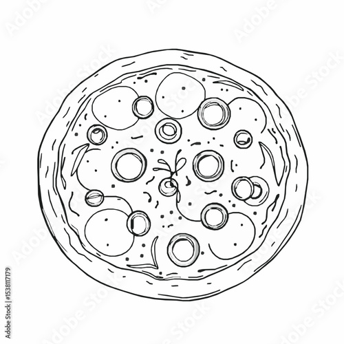 Top view pizza with onion toppings hand drawn black and white illustration