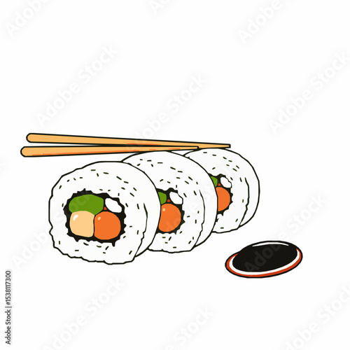 Sushi roll set with chopsticks and soy sauce illustration on white background