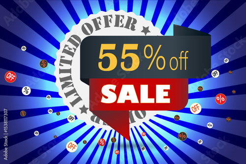 Limited offer 55 percent off sale banner with discount icons and burst background in blue and red color scheme.