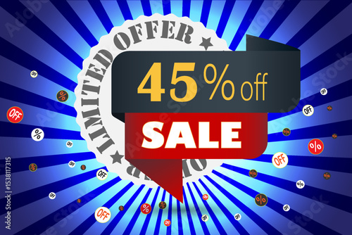 Limited offer 45 percent off sale banner with discount icons and burst background in blue and red color scheme.
