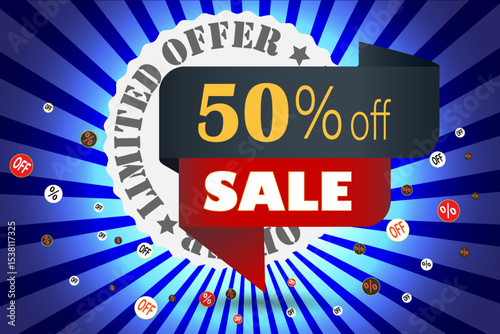 Limited offer 50 percent off sale banner with discount icons and burst background in blue and red color scheme.