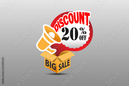 Banner with a megaphone and discount text coming out of the box.