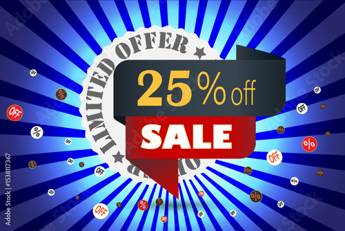 Limited offer 25 percent off sale banner with discount icons and burst background in blue and red color scheme.