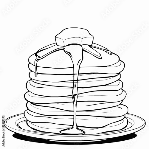 Monochrome pancake stack with syrup and butter black and white breakfast illustration