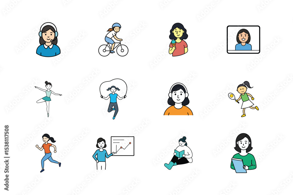 Fototapeta premium Women in Various Activities Vector Illustration Set
