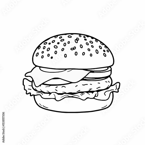 Hand drawn black and white burger illustration with cheese tomato and lettuce isolated