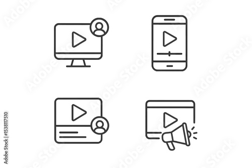 Digital media icons representing video content on different devices in a modern design