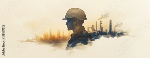 Artistic silhouette of construction worker with hard hat and golden double exposure of oil refinery plant representing heavy industry and engineering profession concept in bright light