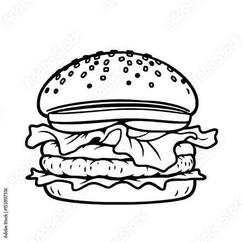 Vector illustration of a detailed burger with lettuce and sesame seeds in black and white