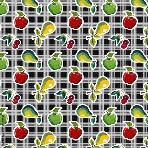 Stickers with fruits on a checkered background.Vector seamless pattern with fruits in stickers and decals on a checkered background.