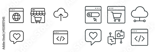 Collection of minimalist icons representing e-commerce activities and web interaction elements