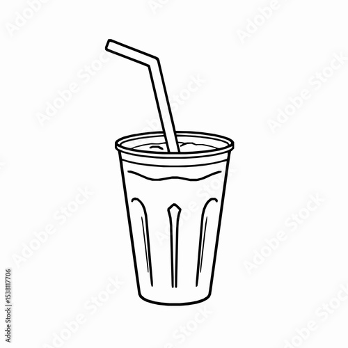 Black and white line art of a plastic cup filled with drink and straw