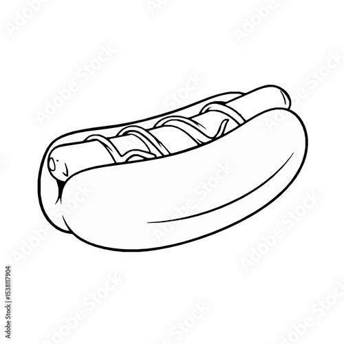Monochrome hot dog illustration with mustard topping outline style fast food icon