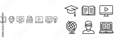 Educational symbols representing learning concepts such as reading, studying, and digital media in a modern classroom environment