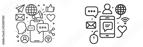 Creative illustration of digital communication concepts using smartphones, social media, and global interaction symbols