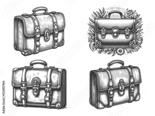 leather briefcases with buckles, straps Set collection bundle sketch engraving generative ai vector illustration. Scratch board imitation. Black and white image.