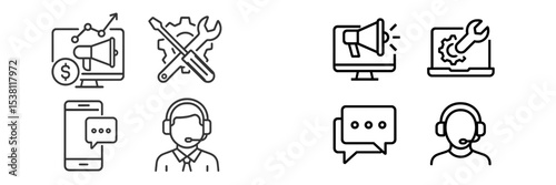 Marketing and customer support icons featuring analytics, communication tools, and technical assistance in a clean, modern style