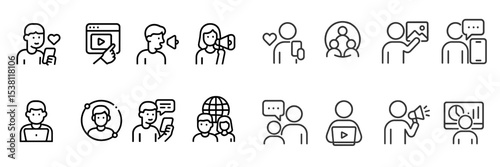 Icons representing social media communication and interaction among users in a variety of activities and expressions