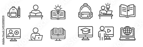 Learning symbols and digital education icons displayed on a white background for modern students and educators