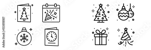 Holiday decorations and celebration symbols illustrated in a simplistic black and white style