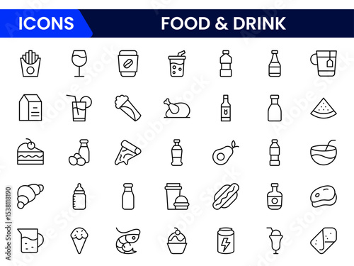 Appetizing vector web line icons depicting food, drinks, utensils, cooking, and dining experiences for culinary and beverage enthusiasts.